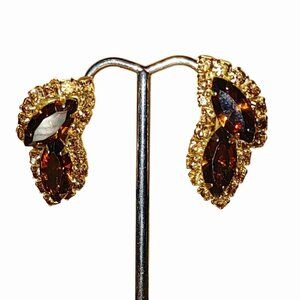 Cognac Amber Rhinestones Gold Tone Clip On Earrings Vintage Small Crystal Accent